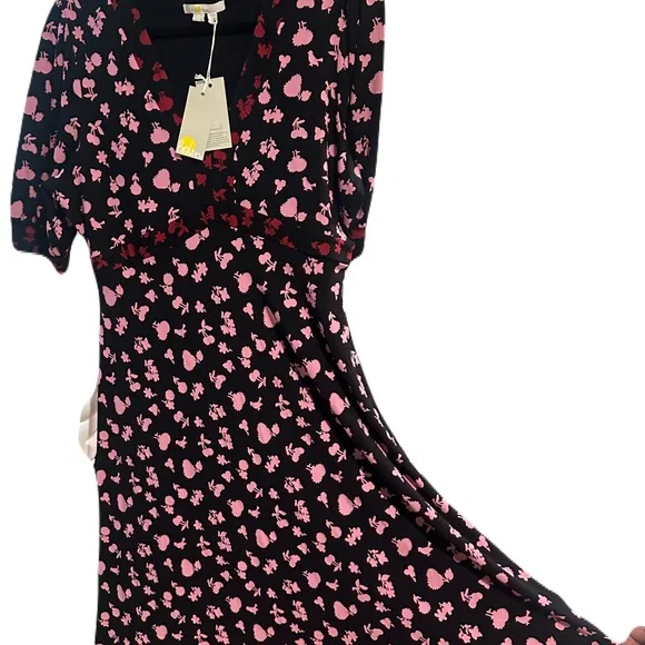 Boden 14 Large XL Tea Dress Black Dress with Pink Floral Accents Empire Waist - Picture 2 of 8